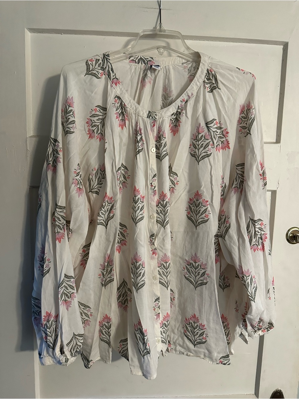 Old Navy White Floral Button-Front Peasant Blouse with Pink & Green Print